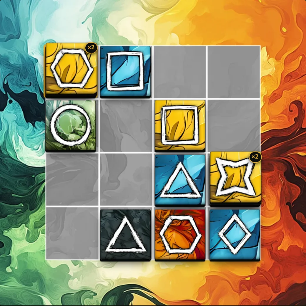 An Elementile board mid-game, tiles stacked across a four-by-four grid